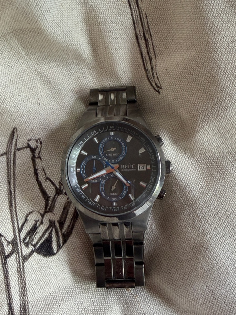 Relic Stainless Steel Chronograph Watch with Black Dial and Blue Accents